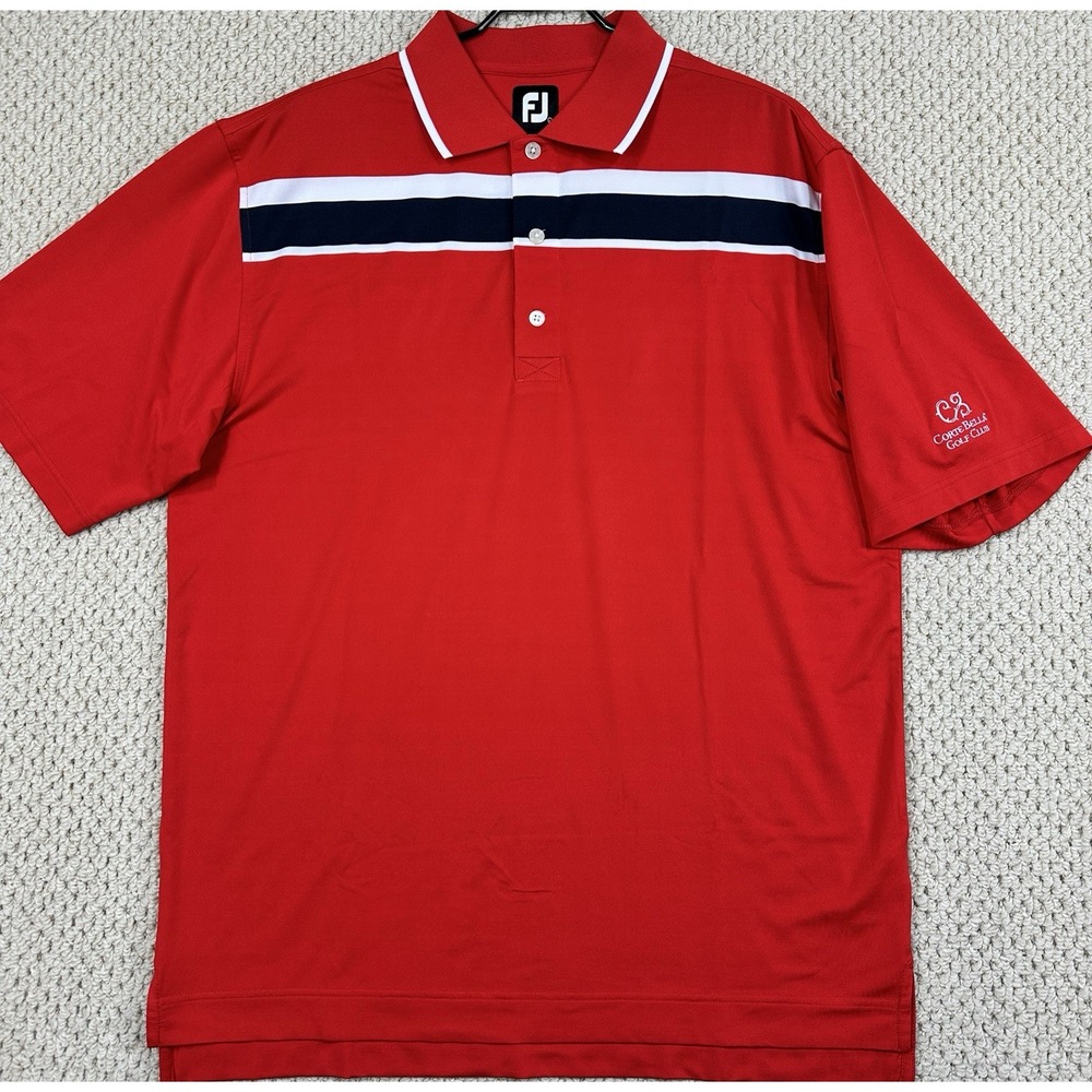 FootJoy Polo Mens L Red/Navy Stripe Corte Bella Golf Club Logo Performance Shirt